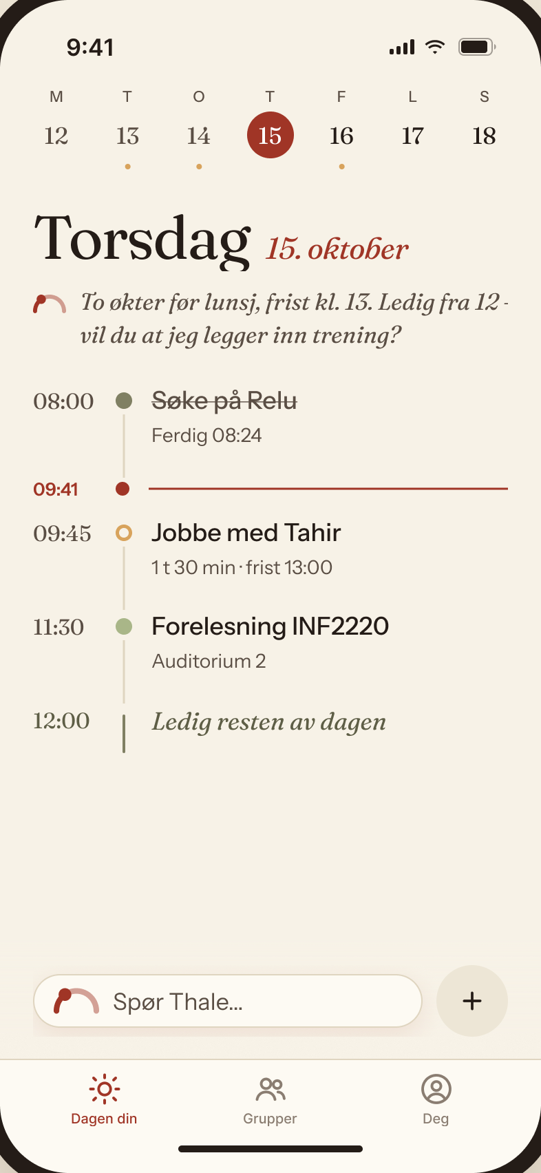 Thale på iPhone: dagen som en tidslinje, med en melding fra Thale om at du er ledig fra 12.